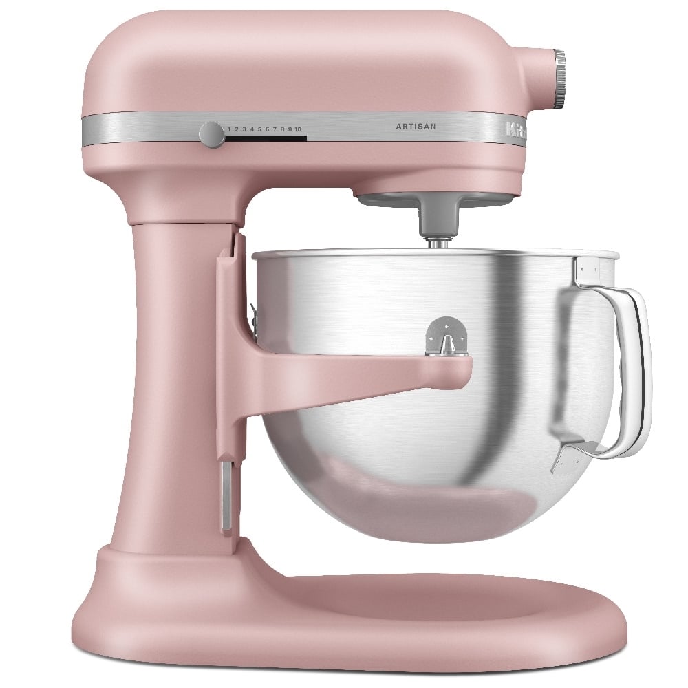 5KSM70HXEDR מיקסר בצבע ורוד פודרה עם קערת נירוסטה מחוברת, מוכן לשימוש.
