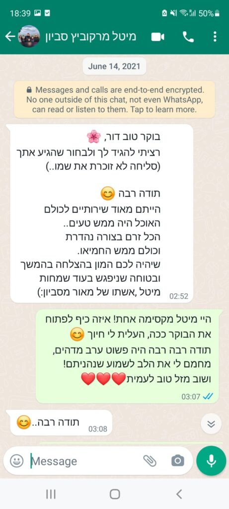 צילום מסך של שיחת וואטסאפ בין מיטל לדור, עם הודעות תודה והערכה על אירוע או שירות שניתן.