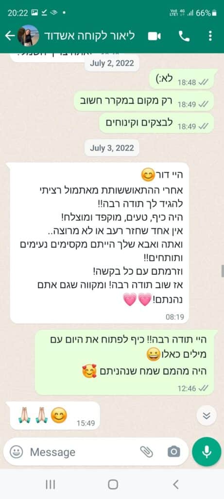צילום מסך של שיחת וואטסאפ בין ליאור לדור, עם הודעות תודה ושבחים על אירוע או ארוחה.