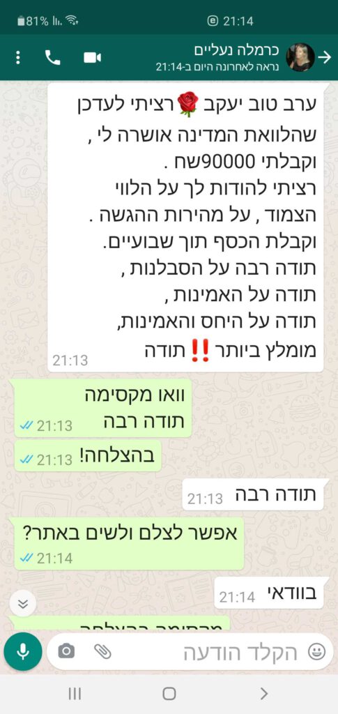 צילום מסך של שיחת ווטסאפ: אדם מודה לכרמלה על עזרה בהלוואה שאושרה, ומבקש רשות לפרסם את השיחה באתר.
